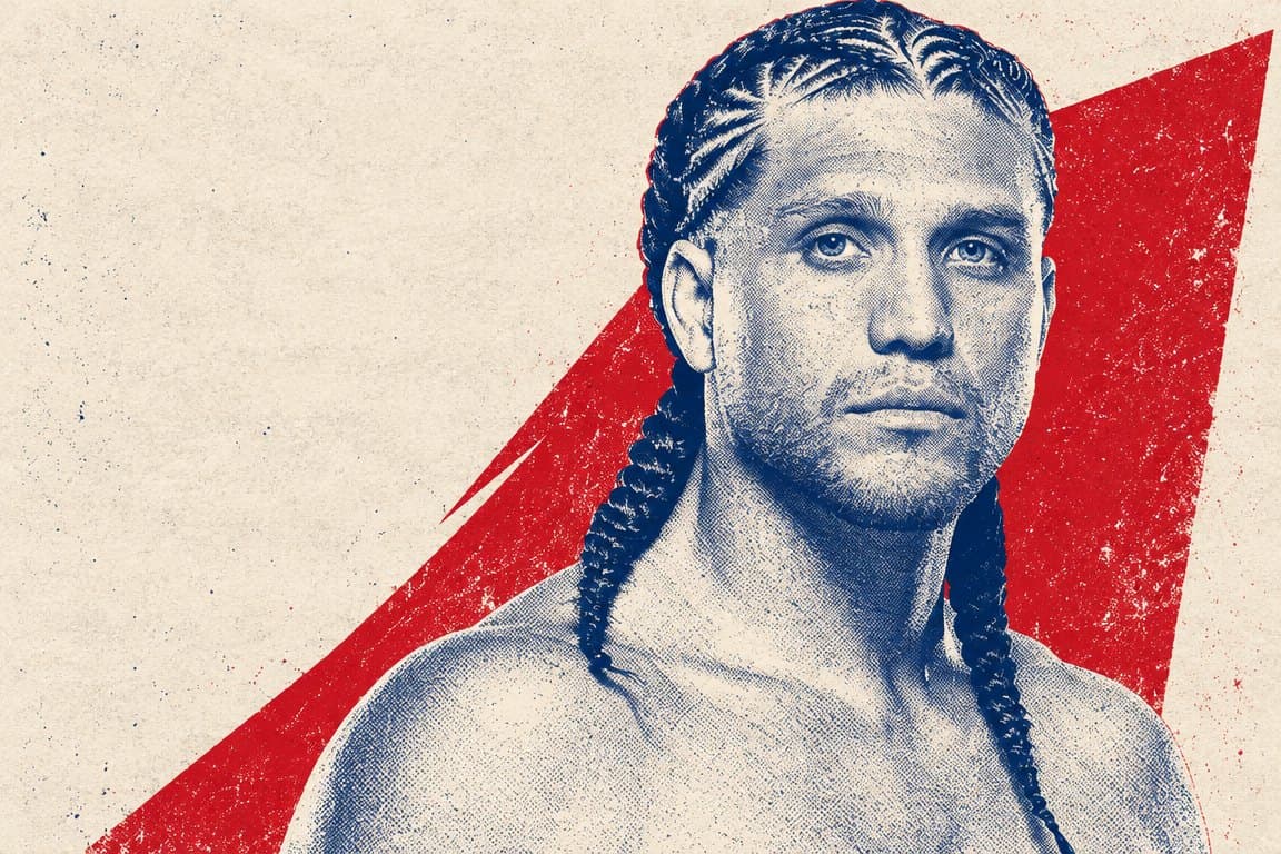Screen-printed duotone illustration of Brian Ortega, head and shoulders, in navy and red